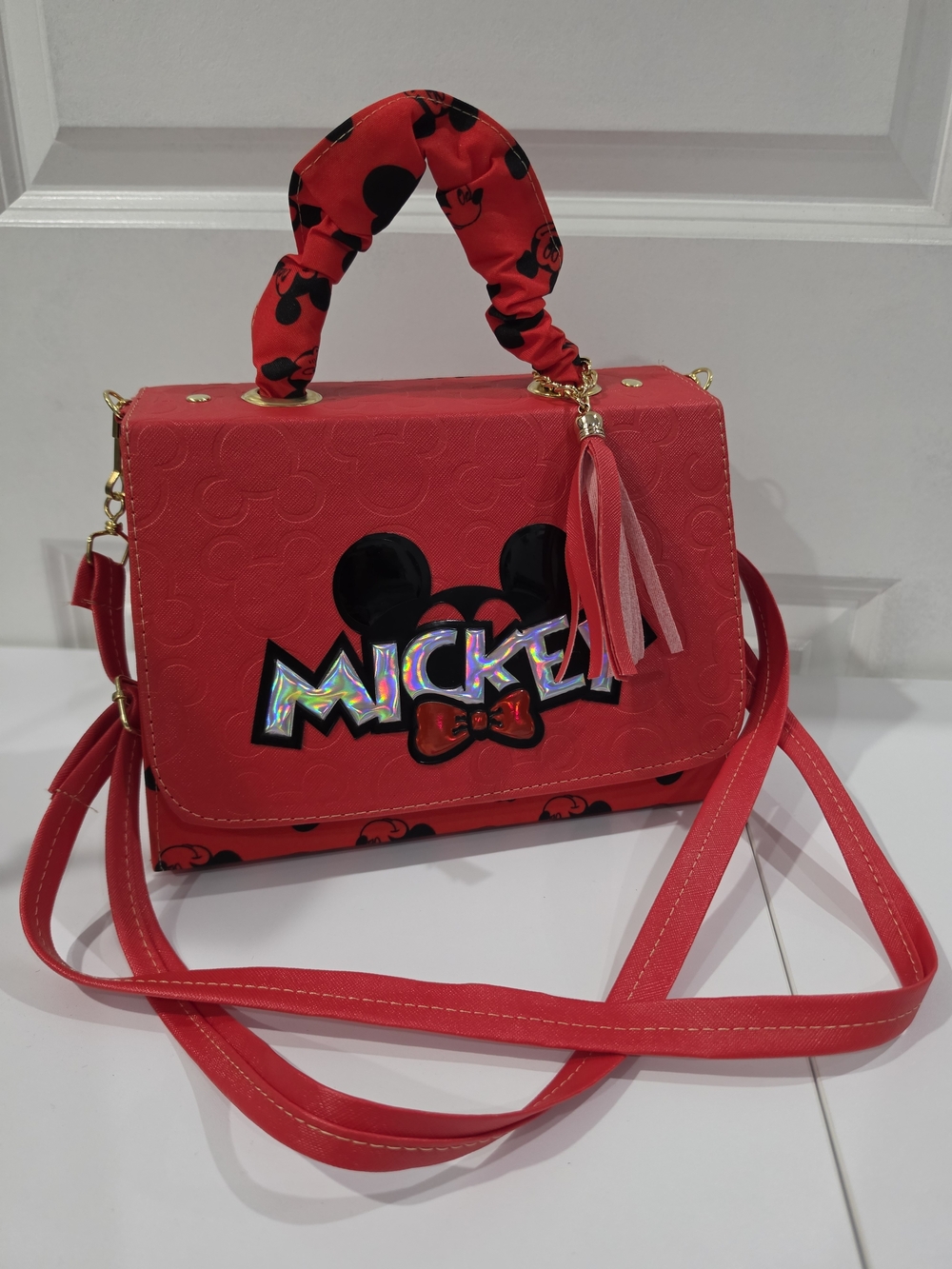 Red Mickey Print Crossbody Satchel with Tassel